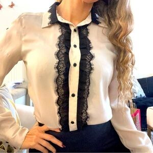 Guess Cream Black Lace Button Down Blouse Shirt Size S